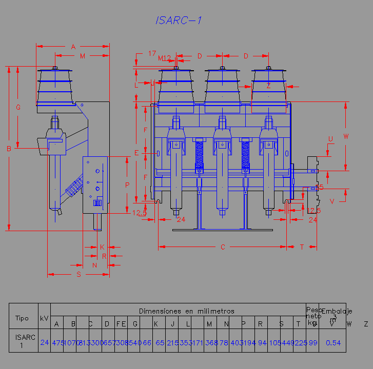 Bloque Autocad Interruptor-seccionador de aire comprimido sin fusibles ISARC-1.(Alzado).
